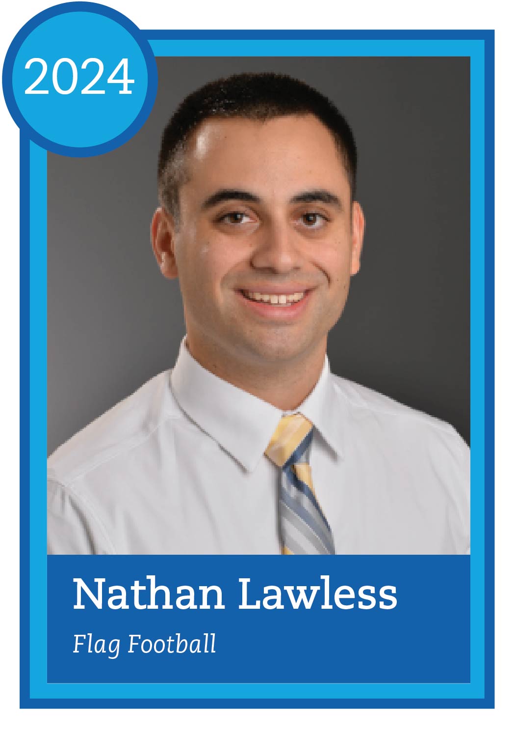 Baseball card design with headshot of Nathan Lawless and text "Nathan Lawless, flag football"