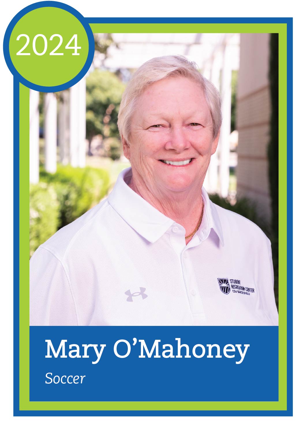 Baseball card design with headshot of Mary O'Mahoney and text "Mary O'Mahoney, soccer"