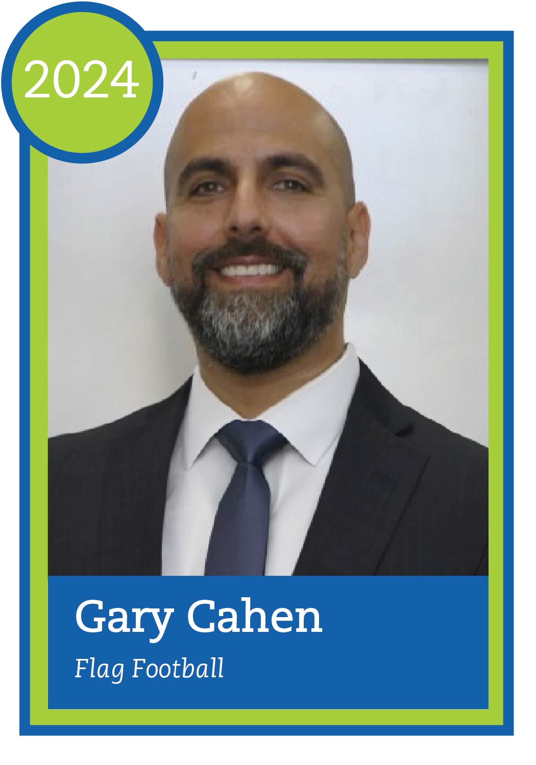 Baseball card design with headshot of Gary Cahen and text "Gary Cahen, flag football"